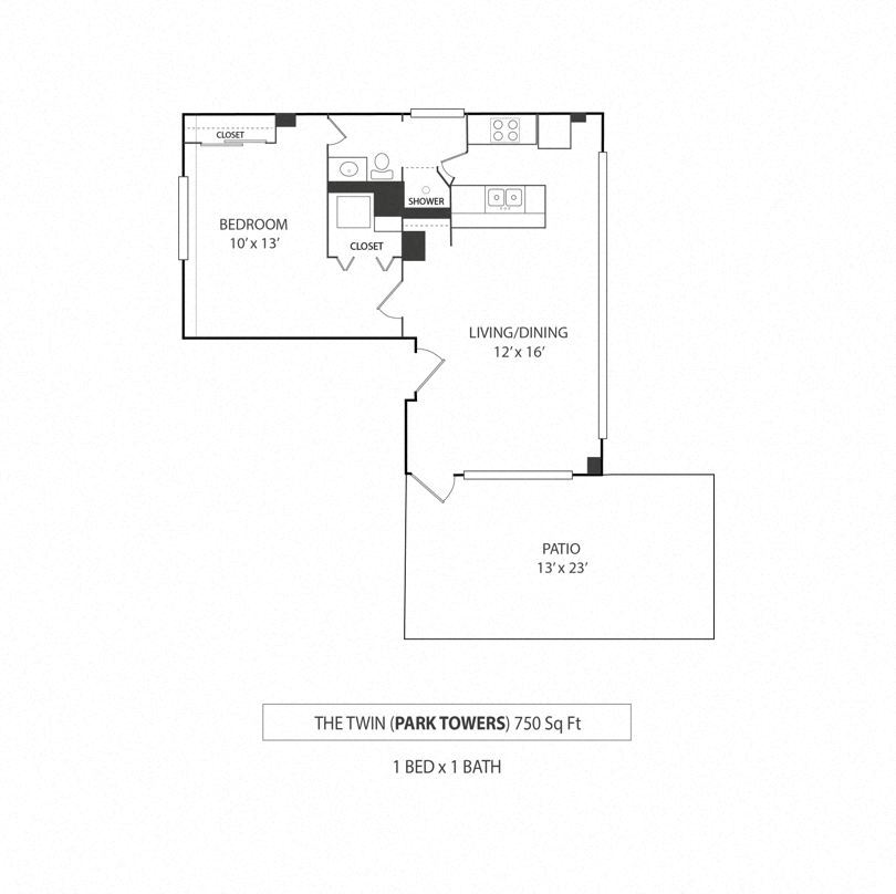 Floor plan for 1 bed, 1 bath, 700 sqft